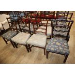 A harlequin set of ten George III mahogany ladderback dining chairs, with upholstered seats and