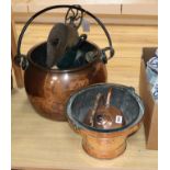 A Victorian mechanical bellows, copper cauldron, metal ware etc.