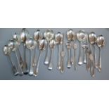 Sundry silver cutlery consisting: six Hanoverian pattern dessert spoons, a set of four lobster picks