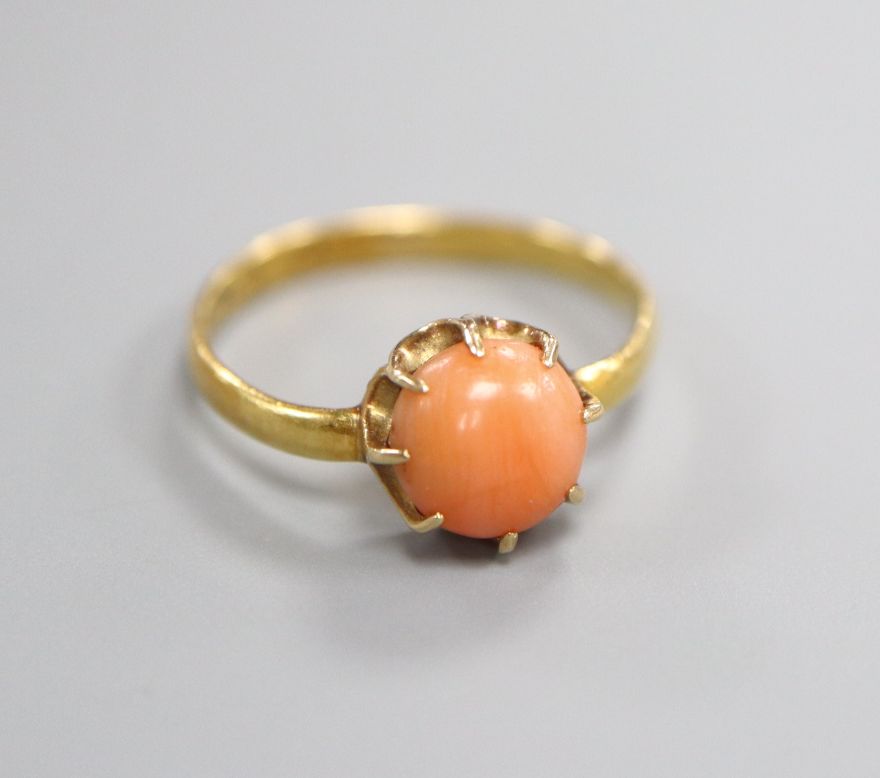 A William IV 22ct gold and later? coral bead set ring, size K/L.
