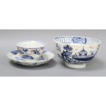 A late 18th century Liverpool blue and white sugar bowl and a Chinese teabowl and saucer