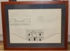 A set of fourteen architectural studies in ink, pencil and wash, probably early 20th century, in