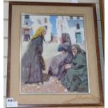 Domeneck, oil on canvas, Greek? street scene with elderly women, signed, 41 x 32cm.