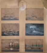 Six small watercolour studies of HMS Sutley sailing from Plymouth to South America 1867, 6 x 9cm,