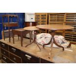A George III two tier washstand, a low table and two tripod tables