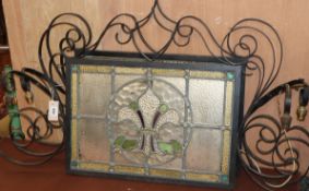 A pair of stained glass, wrought iron wall lights W.115cm