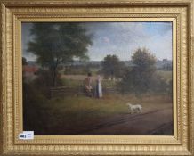 Late 19th century English School, oil on canvas, Couple and dog on a lane, 43 x 57cm