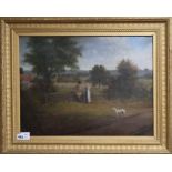 Late 19th century English School, oil on canvas, Couple and dog on a lane, 43 x 57cm