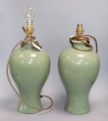 A pair of green crackle glazed table lamps