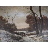 L. Flatleau, oil on wooden panel, Figures in a winter landscape, indistinctly signed, 16 x 21cm,