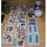 A quantity of Chinese porcelain tiles, a pot pourri, a brush pot, a flask etc.