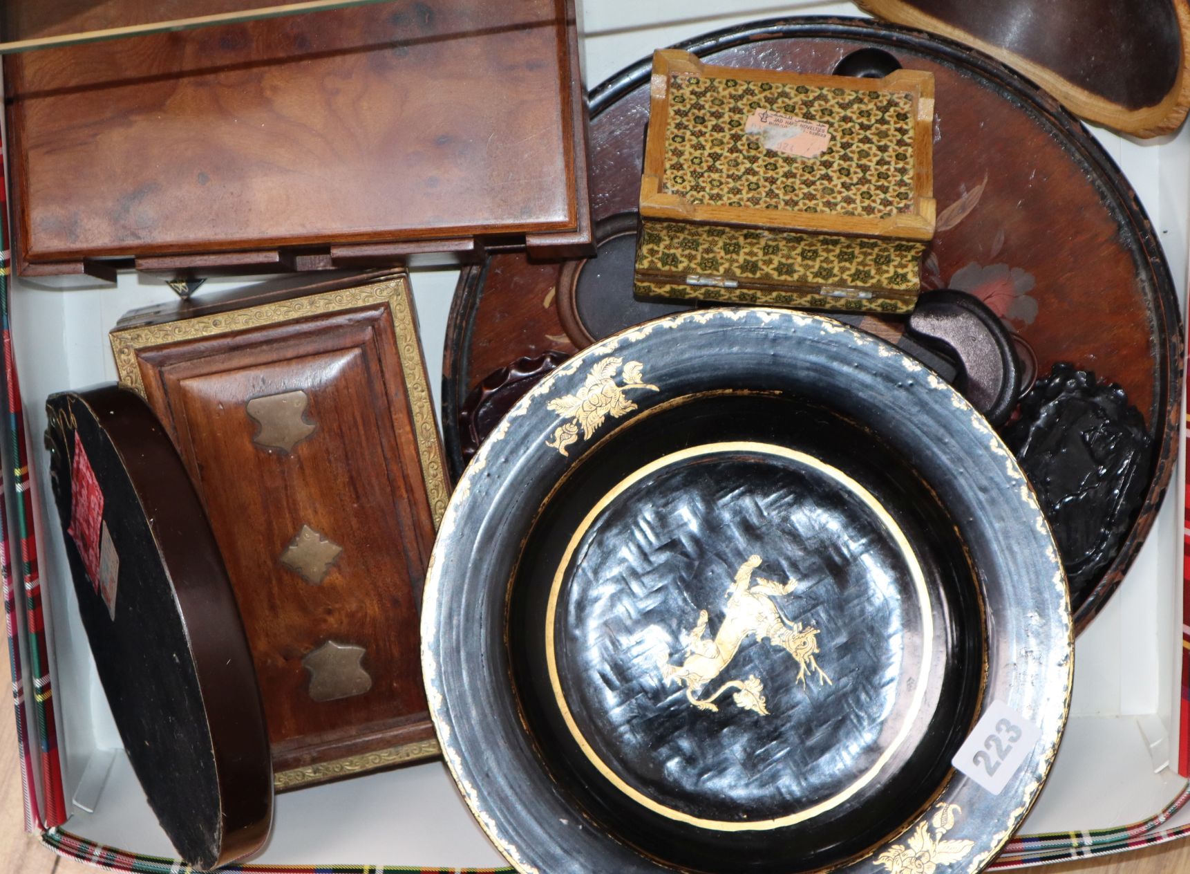 A group of lacquer and wood wares