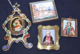 Three 19th century Continental porcelain icons, one with champleve enamel frame and a modern Russian