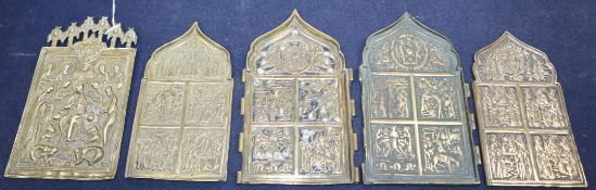 Five 19th century Russian cast brass icons tallest 16.5cm