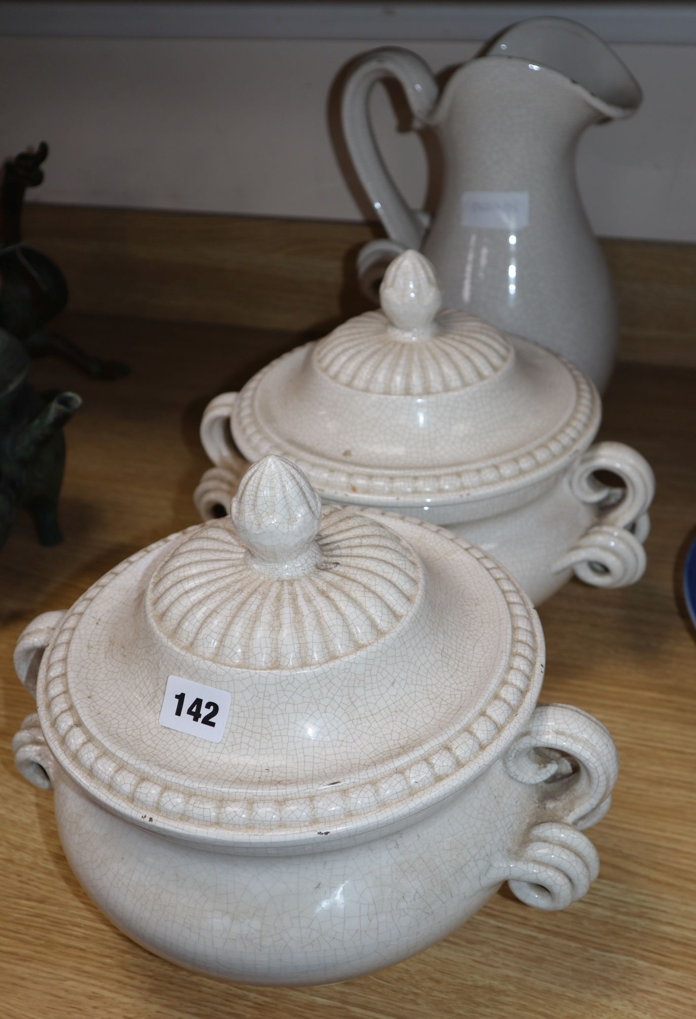 A pair of crackleware lidded tureens and a jug jug height 35cm