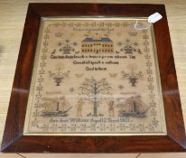 A Victorian needlework sampler by Ann Jane Williams, Aged 12, 1851, in rosewood frame 43 x 41cm