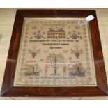 A Victorian needlework sampler by Ann Jane Williams, Aged 12, 1851, in rosewood frame 43 x 41cm