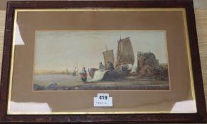 19th century English School, watercolour, Fisherfolk on the shore, 18 x 37cm.