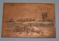 Three copper etching plates by TW Robinson and an etching of Lewes 1878 and three others Largest 6.5