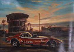 Douglas Ettridge, oil on canvas, Dom Cook Chevy Corvette Dragster at Orange County signed and