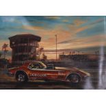 Douglas Ettridge, oil on canvas, Dom Cook Chevy Corvette Dragster at Orange County signed and