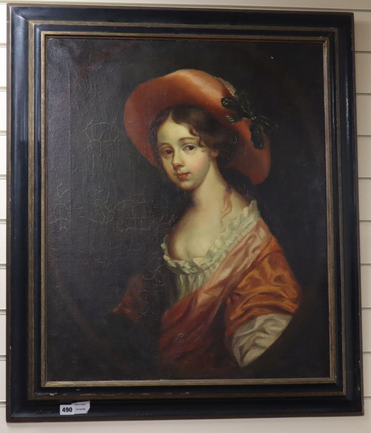 19th century English School, oil on canvas, Portrait of a young lady wearing a ribbon tied hat, 75 x