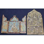 A 19th century Russian brass and enamel triptych icon and a similar arched icon (2)