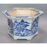 A Chinese blue white hexagonal large flower pot, Qianlong-Jiaqing period length 42cm