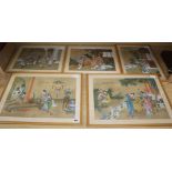 Five Chinese paintings on silk depicting ladies in gardens and interiors, 30 x 44cm