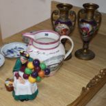 A pair of gilt and porcelain two handled vases, a Doulton Balloon Lady and a Sunderland lustre jug