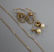 Two pairs of yellow metal earrings, including cultured pearl and a 9ct chain.