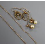 Two pairs of yellow metal earrings, including cultured pearl and a 9ct chain.