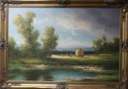 Heins Wagner, oil on canvas, Hay cart in a landscape, signed, 60 x 90cm