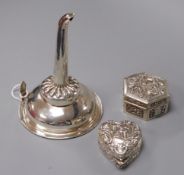 An Edwardian silver heart-shaped pill box, a Chinese box and a wine funnel