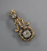 A 19th century yellow metal, old cushion and old round cut diamond set brooch (adapted?), 23mm.
