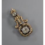 A 19th century yellow metal, old cushion and old round cut diamond set brooch (adapted?), 23mm.