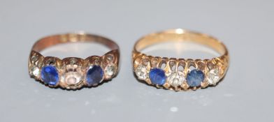 An early 20th century 18ct. gold sapphire and diamond five stone half hoop ring and a 9ct gold,