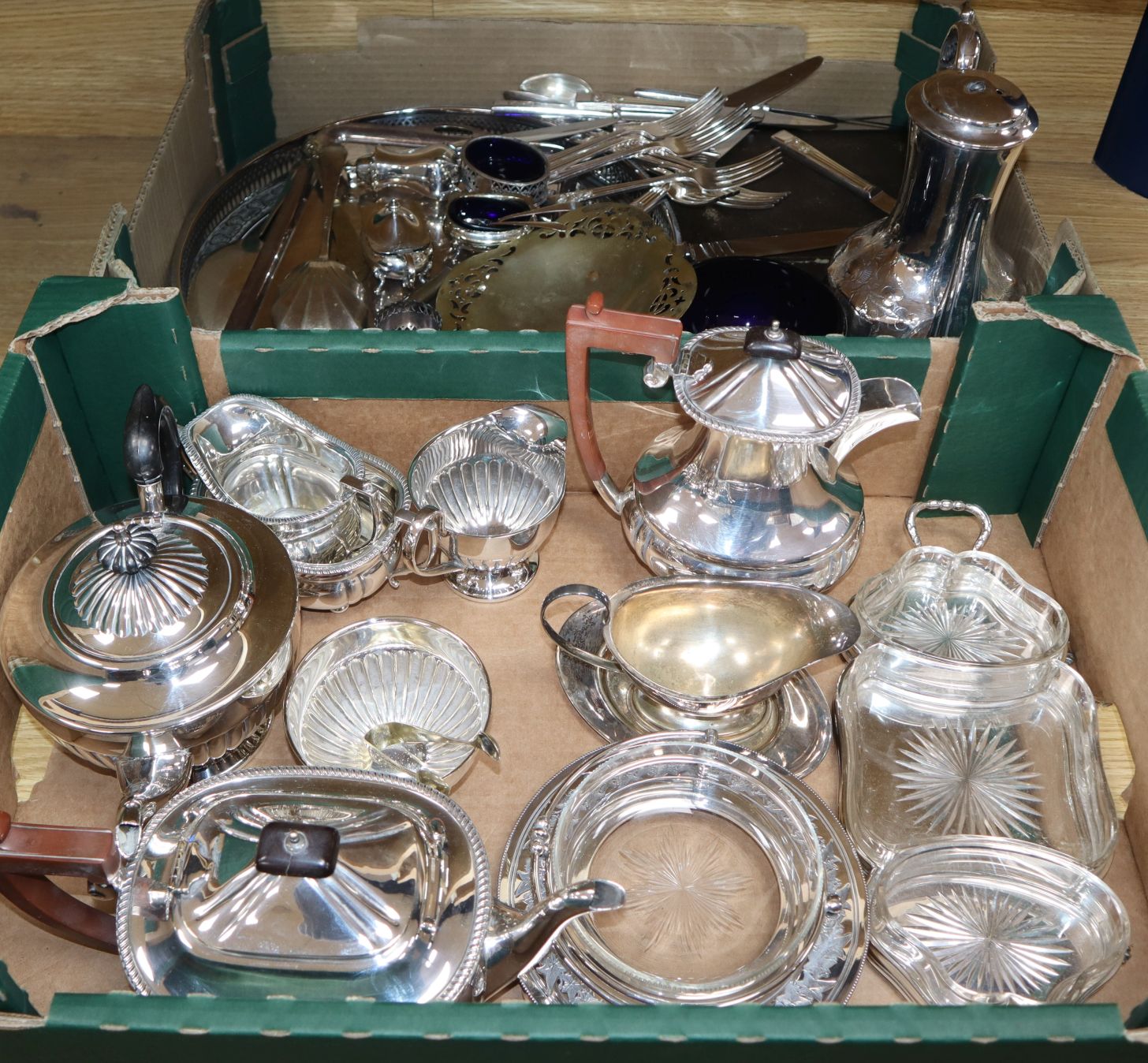 A quantity of assorted plated wares including a butter dish, hors d'oeuvres dish, flatware, tea