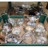 A quantity of assorted plated wares including a butter dish, hors d'oeuvres dish, flatware, tea