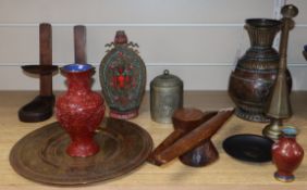 A Tibetan mounted brass steel Islamic, Indian metalware and wood printing blocks, a cinnabar vase