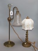 A barley twist stem lamp and another, glass shades tallest 56cm