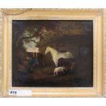 19th century English School, oil on panel, Farmyard scene with horses, dog and labourer, 24 x 29cm