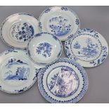 Five 18th century Chinese blue and white plates and a patty pan