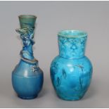 A 19th century Chinese turquoise glazed 'lotus' vase and a Japanese glazed bottle vase tallest 20cm
