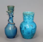 A 19th century Chinese turquoise glazed 'lotus' vase and a Japanese glazed bottle vase tallest 20cm