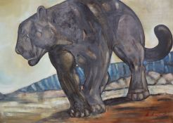 M. Mayland, oil on board, Black panther in a landscape, signed, 84 x 121cm