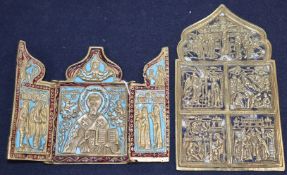 A 19th century Russian brass and enamel triptych icon and a similar arched icon (2)