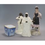 Two Minton ceramics and metal figures and a Boehme figure and planter