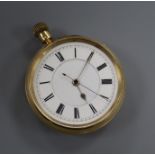 A late Victorian 18ct gold chronograph ? pocket watch (dented).