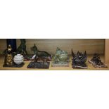 Art Deco patinated spelter figures comprising three pairs of bookends, one inkwell and lamp and a